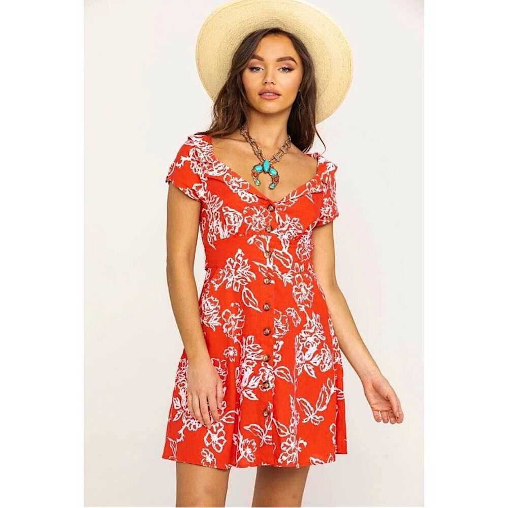 Free People A Thing Called Love Mini Dress Red Floral Linen Blend Size 4 EUC